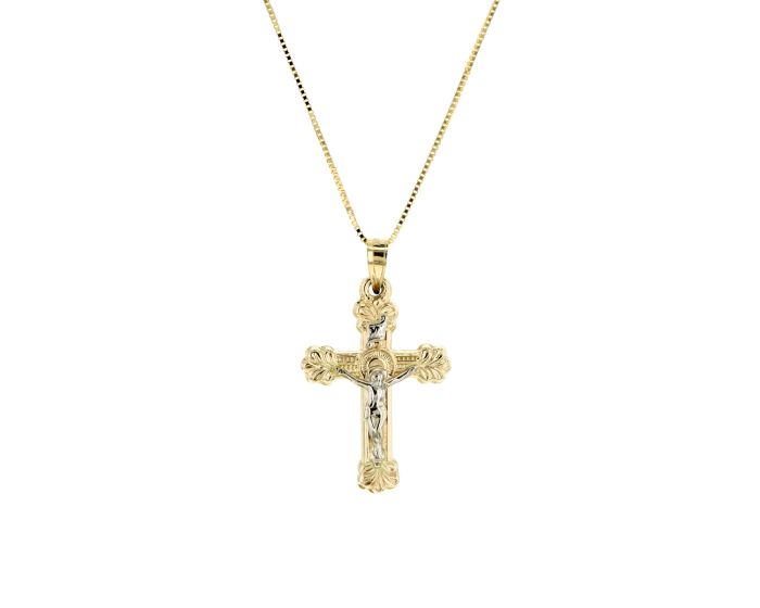 14K Gold Engraved Crucifix Pendant Necklace