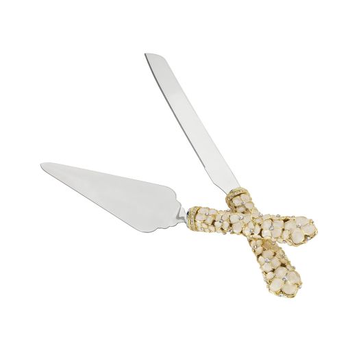 serving set with white enamel flowers on handles