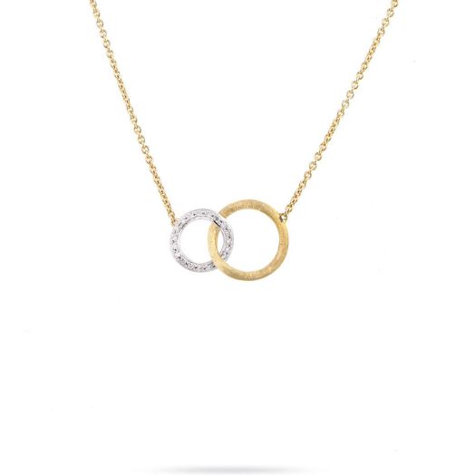 yellow gold necklace with interlocking pendants accented with diamonds