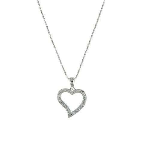 14k white gold curved heart necklace with diamonds
