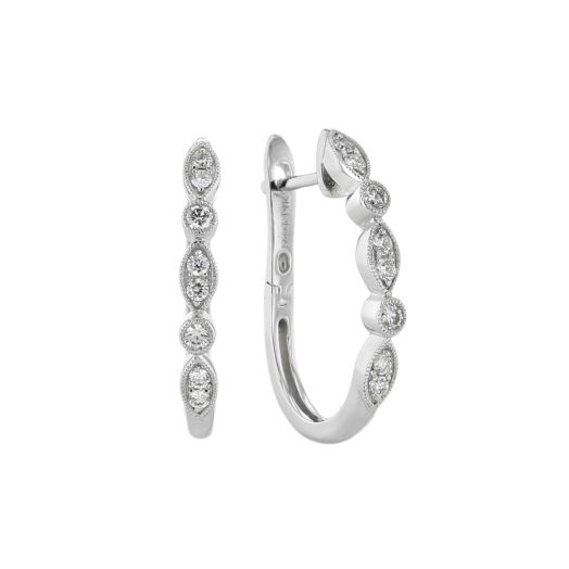 14K White Gold Diamond J Hoop Earrings with Milgrain Detailing, TWT.23