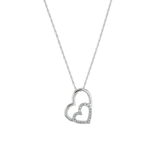 14K White Gold Double Heart Necklace with Diamond Accents, TDW.07