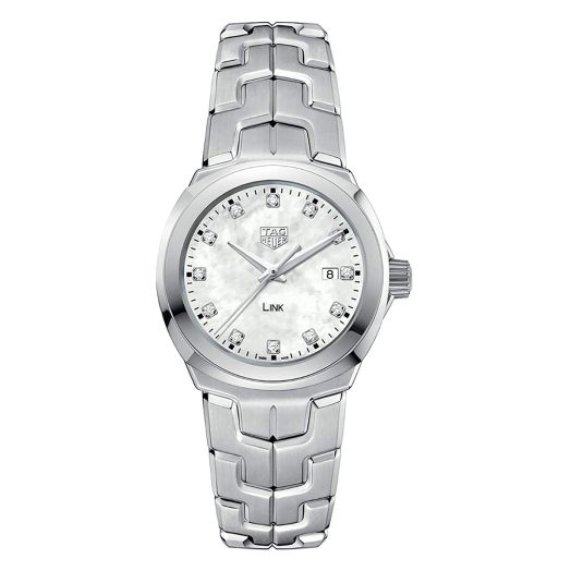 watch with steel link bracelet mother of pearl dial and diamond accents