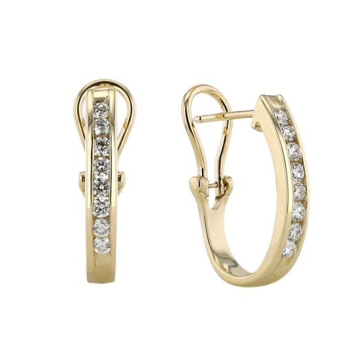 14K Yellow Gold J Hoop Earring with Channel Set Diamonds, TWT.50
