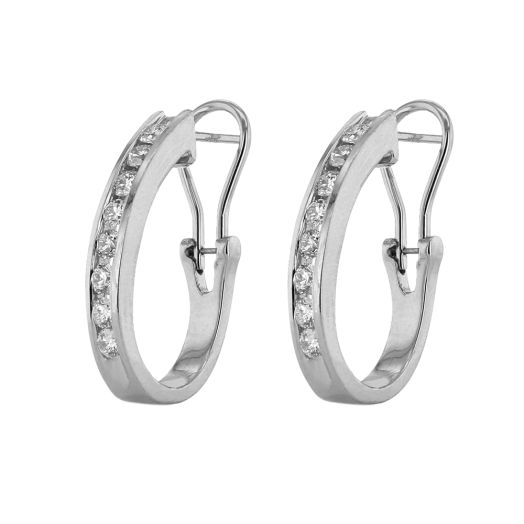 14K White Gold J Hoop Earring with Channel Set Diamonds, TWT 1.00