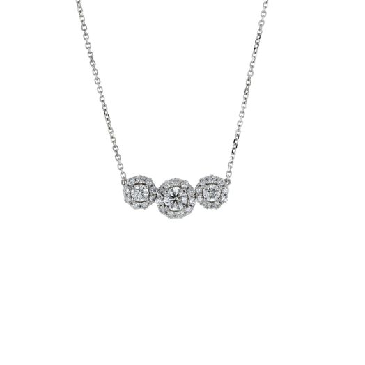 14K White Gold Three Stone Diamond Bar Necklace with Halos, TDW.96