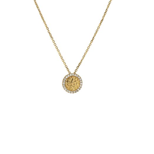 14K Yellow Gold Diamond Accented Hammered Pendant Necklace, TDW.13