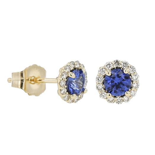 Blue Sapphire and Diamond Halo Earrings, Round, 14K Yellow gold, .11TDW