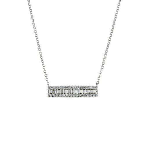14K White Gold Baguette and Round Diamond Bar Necklace, TWT.49