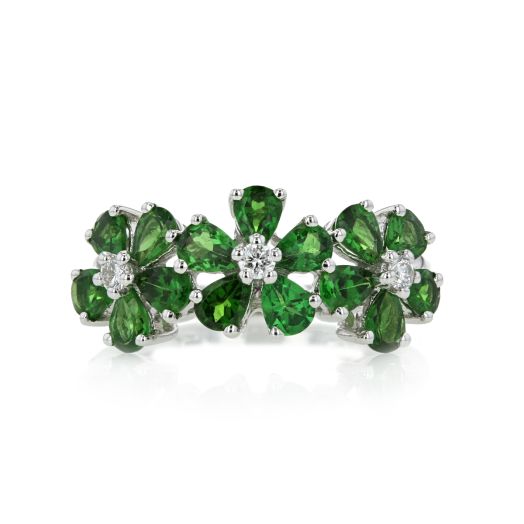 18K White Gold Tsavorite and Diamond Flower Ring