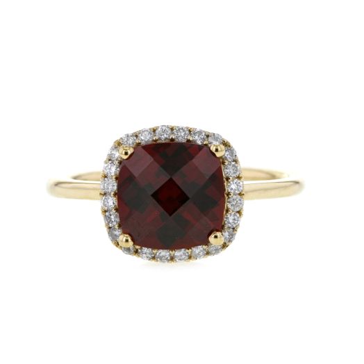 14K Yellow Gold Cushion-Cut Garnet and Diamond Halo Ring, TDW.17