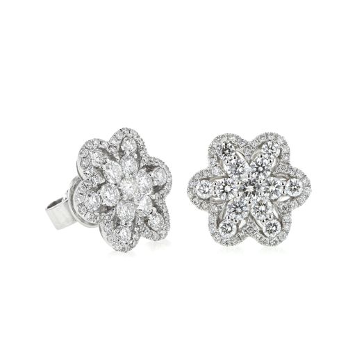 18K White Gold Diamond Accented Floral Stud Earrings, TWT 1.86