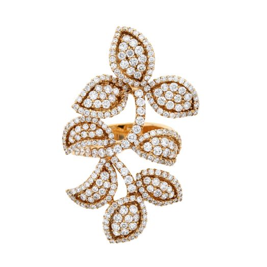 rose gold ring with flower design lined with white diamond rounds