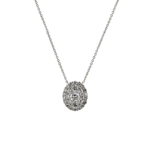 14K White Gold Oval Cluster Diamond Necklace, TWT.74