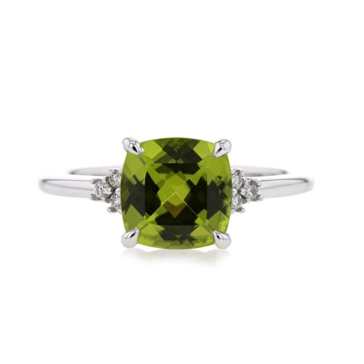 14K White Gold Cushion-Cut Peridot Ring with Petite Diamond Trios, TDW.05