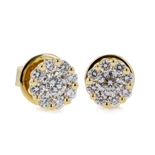 yellow gold stud earrings with diamond round clusters