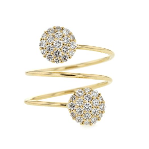 yellow gold three wrap ring with diamond cluster ends