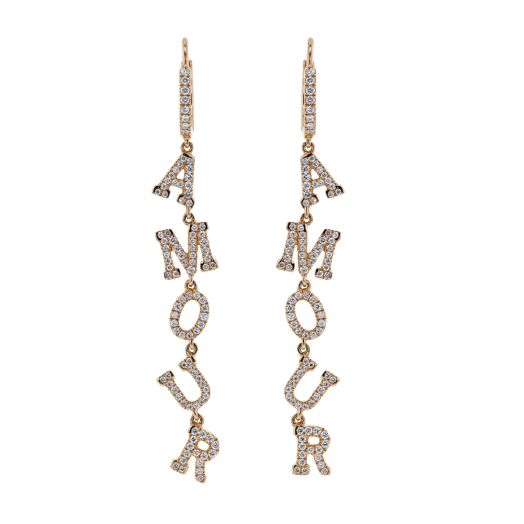 rose gold dangle earrings with diamond accented letters