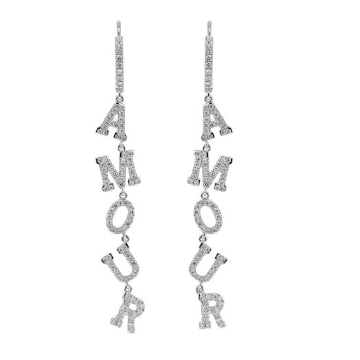 white gold dangle earrings with diamond accented letters