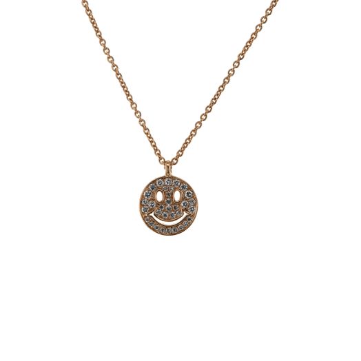 rose gold necklace with smiley face pendant accented with diamonds