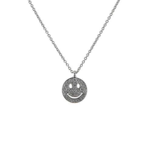 white gold necklace with smiley face pendant accented with diamonds