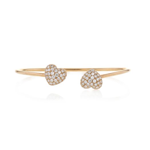 Rose gold open cuff bracelet with two diamond hearts