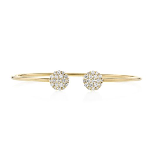 Yellow gold open flex bangle with diamond clusters at the end