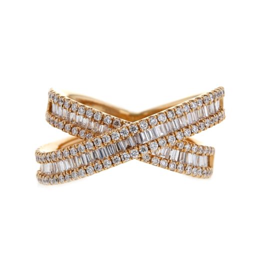 rose gold x ring with round cut diamonds and baguettes