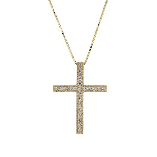 Yellow gold cross with diamonds pendant necklace