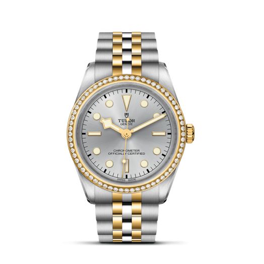 Tudor Black Bay watch with silver dial and steel/gold bracelet 