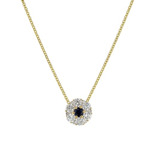 Blue sapphire and diamond cluster pendant necklace