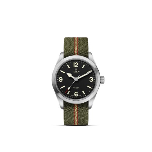 Tudor Ranger, 39MM Black Dial, Green Beige and Red Fabric Strap