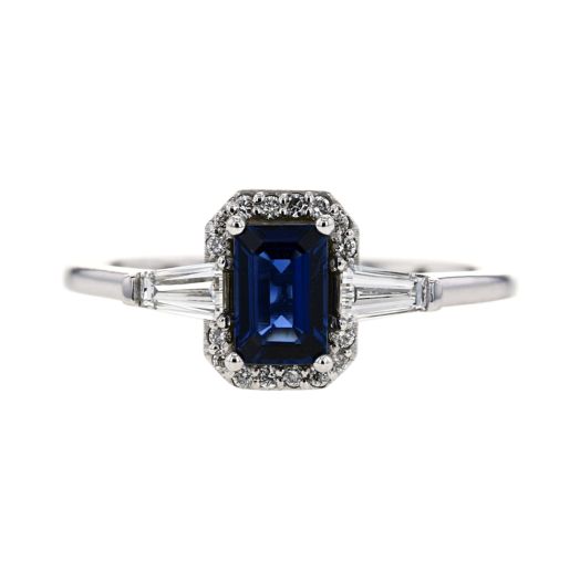 18K White Gold Three-Stone Sapphire and Diamond Ring, TWD.33