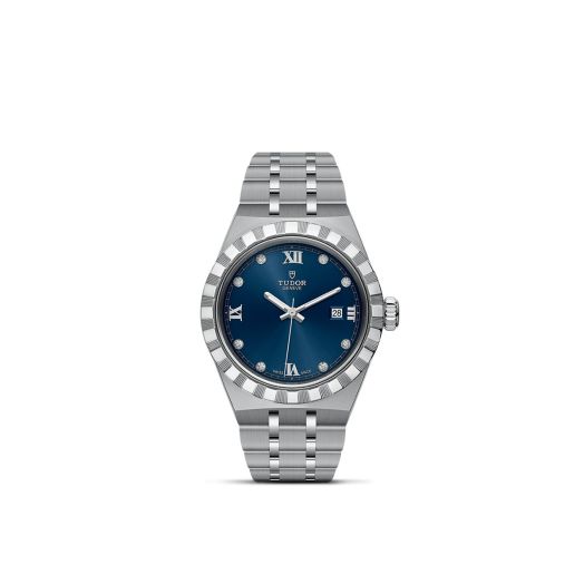TUDOR Royal, 28MM Diamond-Set Blue Dial, Satin-Brushed Integrated Steel Bracelet