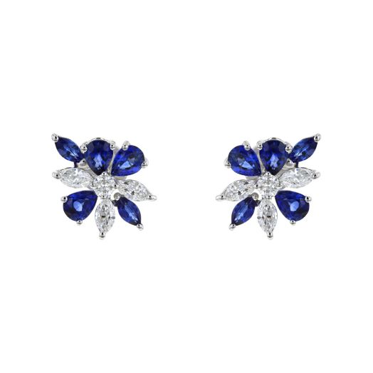 14K White Gold Sapphire and Diamond Starburst Stud Earrings, TDW.46