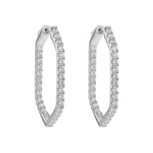 white gold geometric shaped hoop earrings lined with diamonds on the interior and exterior of each hoop
