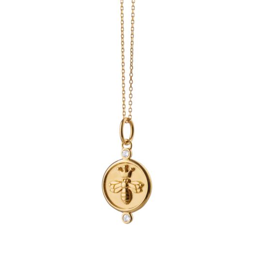 yellow gold necklace with pendant with a bee motif and diamond accent