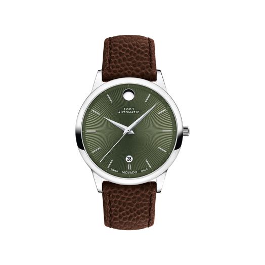 unisex watch with 39.5MM stainless steel case, green dial, and matching leather strap