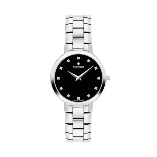 28MM stainless steel case, black dial, diamond hour markers, and stainless steel bracelet
