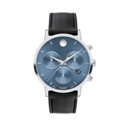 42MM stainless steel case, blue dial, and black leather strap