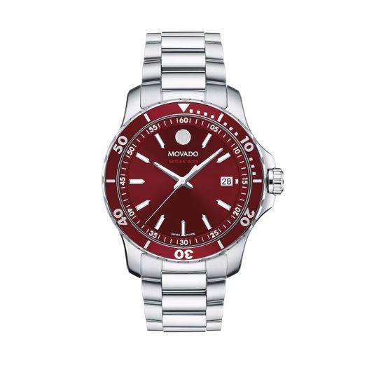 40MM stainless steel case, red dial, and stainless steel link bracelet