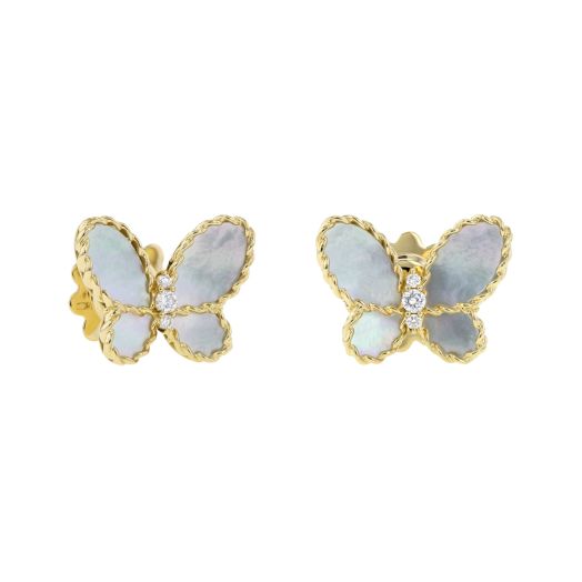 yellow gold butterfly shaped stud earrings with mother of pearl wings and diamond accents