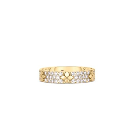 yellow gold ring with pave diamonds, smooth flower stations