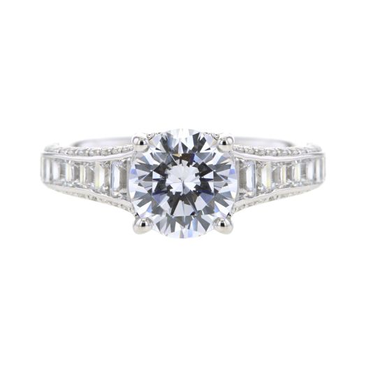 engagement ring with round center stone and tapered baguettes lining the band