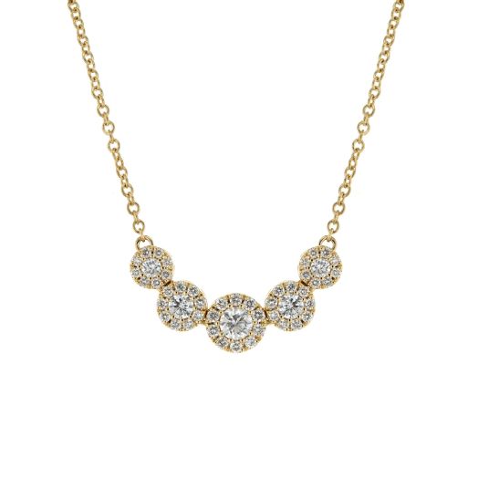 yellow gold necklace with soft bar station of five graduated diamond rounds, each surrounded with halo of white diamond rounds.