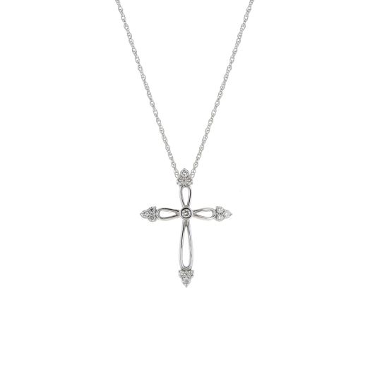 white gold multi-link chain necklace with open cross design and trio of diamond clusters at each point