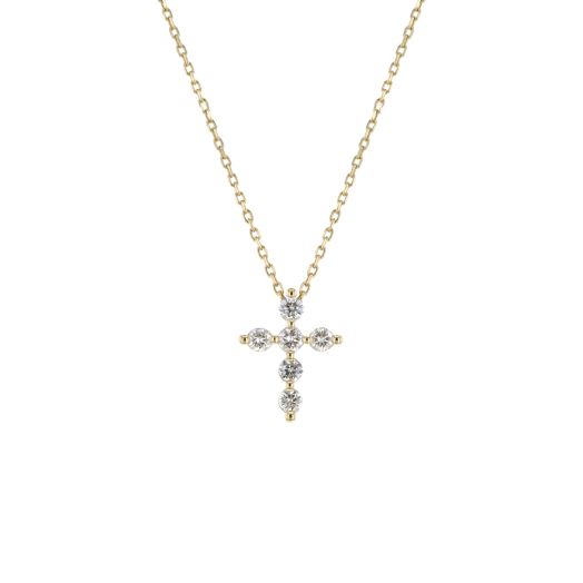 yellow gold chain necklace with cross pendant six round-cut diamonds on stations