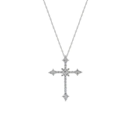 white gold multi link chain necklace with diamond accented cross with star points