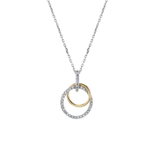 white gold chain featuring a diamond accented bale that connects to a open circle lined with white diamond rounds, interlocking with the bale is a smaller yellow gold circle