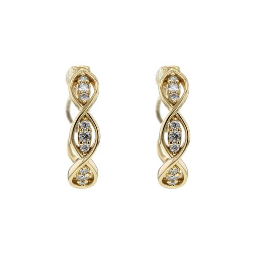 yellow gold hoop earrings with an infinity design and a trio of diamond rounds set in the center of each twist